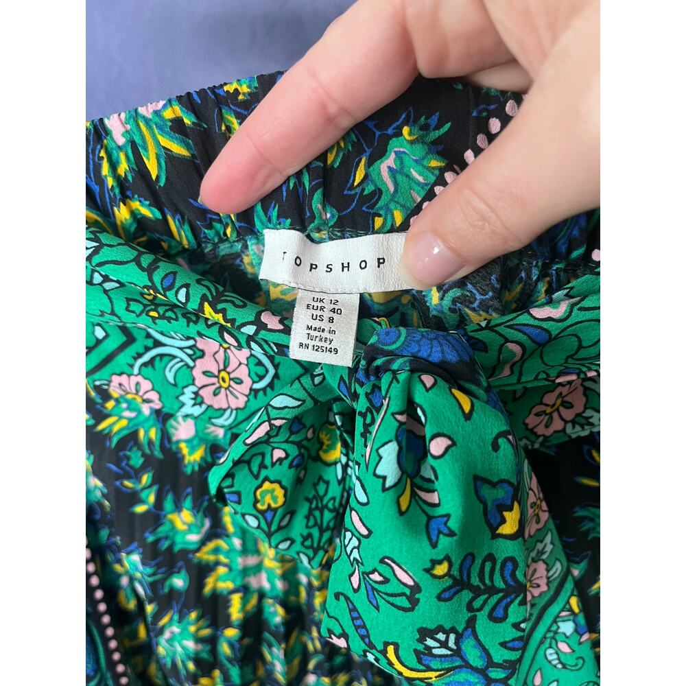 Topshop Green Floral Pleated Asymmetrical Midi Skirt Tie Waist Boho UK 12 US 8 - Picture 4 of 5